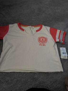 Rewind Cream Tee with Coral Sleeves and Logo